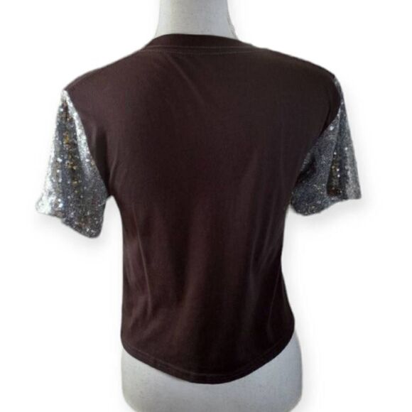MIGHTY FINE SILVER & BLACK SEQUIN ARM CROP T-SHIRT SZ.XS EUC - Picture 4 of 5